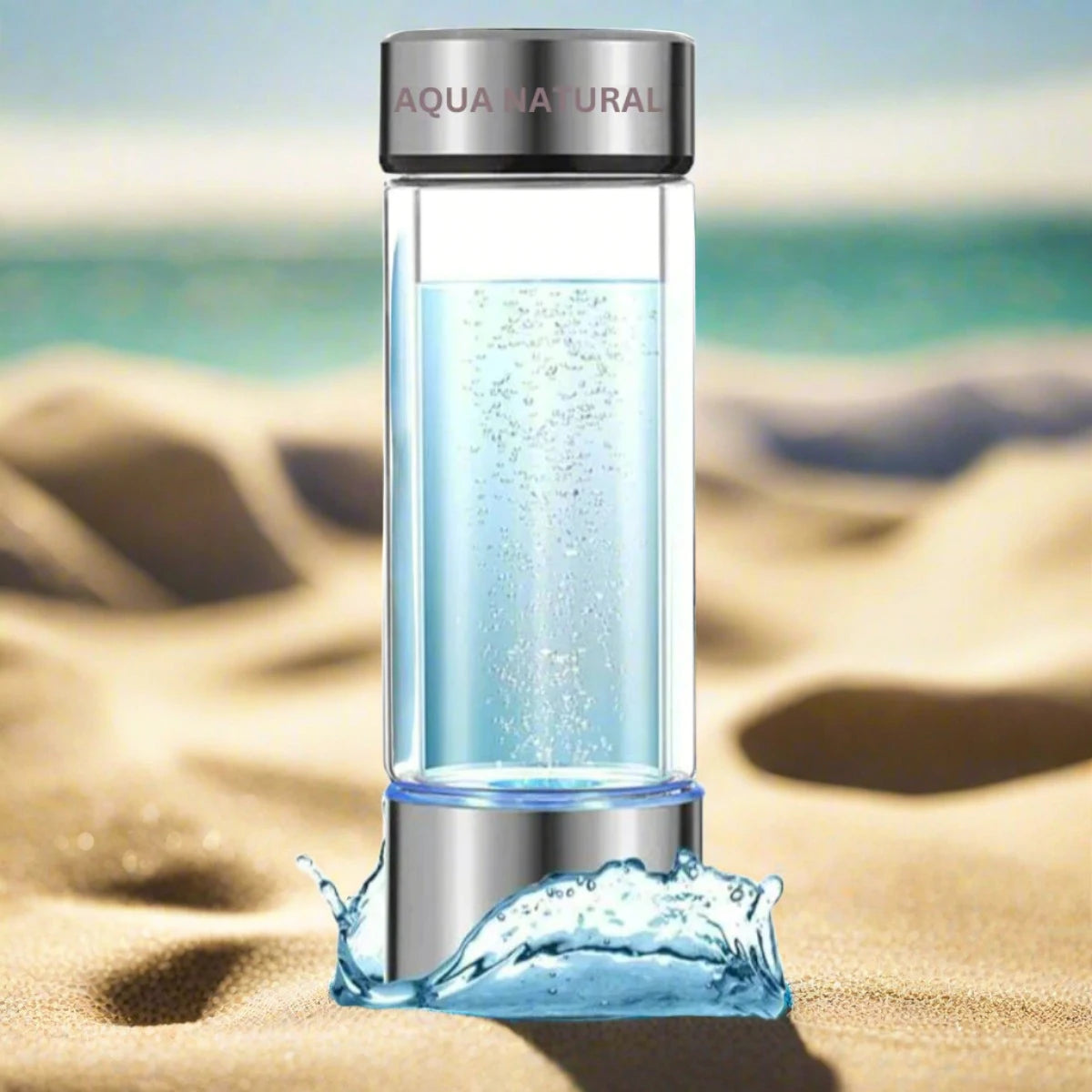 Premium Hydrogen Water Bottle infusing water with molecular hydrogen on a sandy beach background.